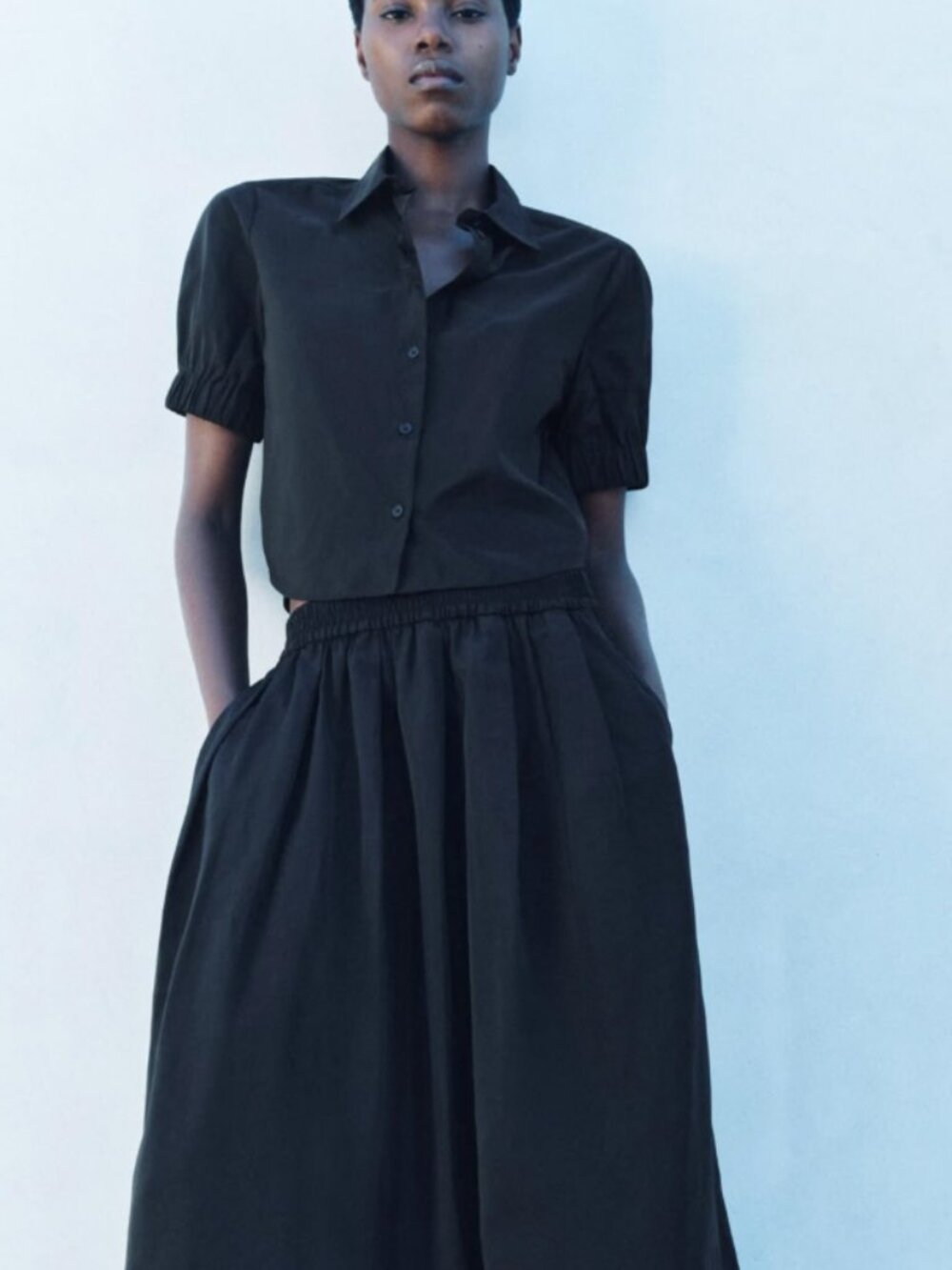 ZARA ZW Collection Black Cropped Shirt S NWT – Satin-Look Short Sleeve Top